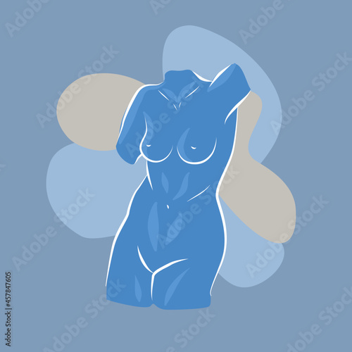 Kobiece ciało w dynamicznej pozie. Rysunek nagiej kobiety, marmurowa rzeźba greckiej bogini. Kompozycja w minimalistycznym stylu. Ilustracja wektorowa.