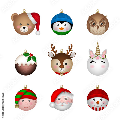 Set of christmas balls in the shape of funny characters