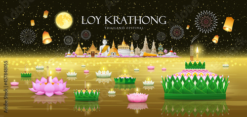 Loy krathong thailand festival, Banana leaf material and pink, green lotus design, on major tourist attractions in thailand at night gold river banner background, Eps 10 vector illustration
