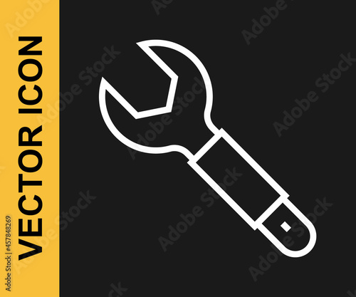 White line Wrench spanner icon isolated on black background. Spanner repair tool. Service tool symbol. Vector