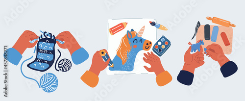 Vector illustration of Kids painting, sculpting from plasticine knits on knitting needles. Top view workshop for children creative.