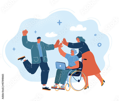 Vector illustration of Meeting in the office. Young happy people give high five to each other. A woman sits in a wheelchair and works at the computer