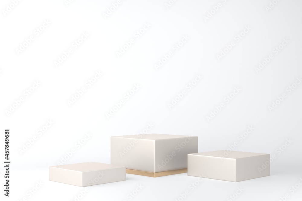 Gold square pedestal or podium on white background for product demonstration. 3D rendering. Gold square pedestal or podium on white background for product demonstration. 3D rendering.