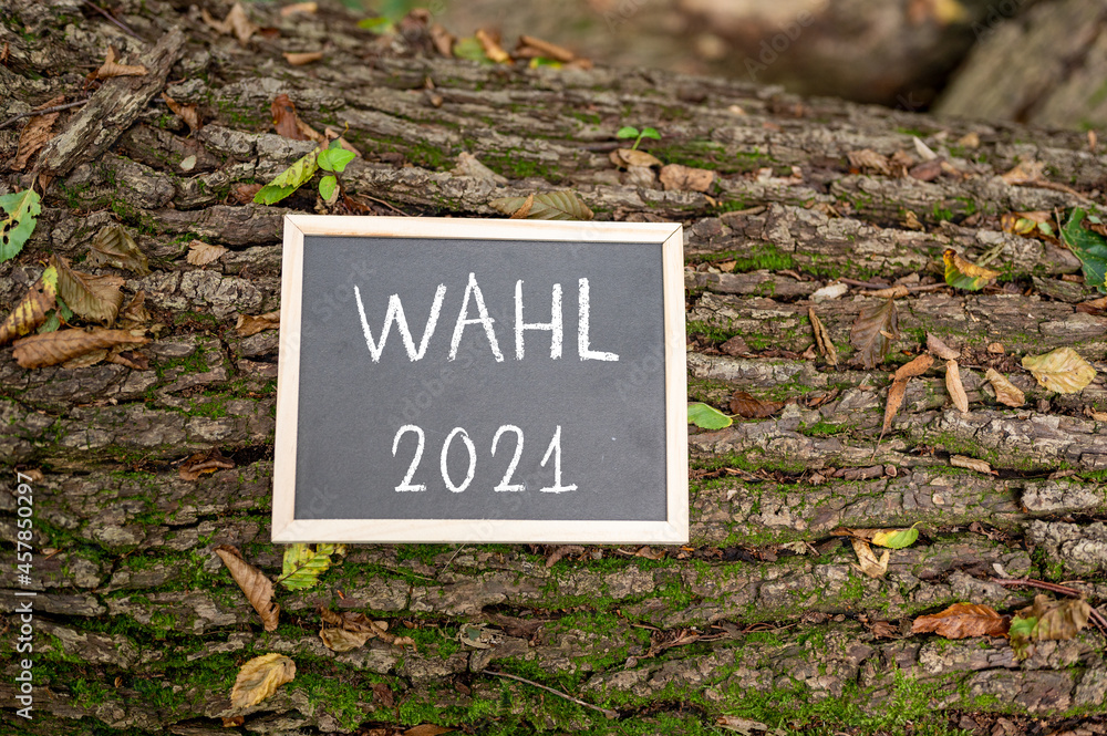 Eine Tafel im Wald auf einem Baum zur Bundestagswahl 2021