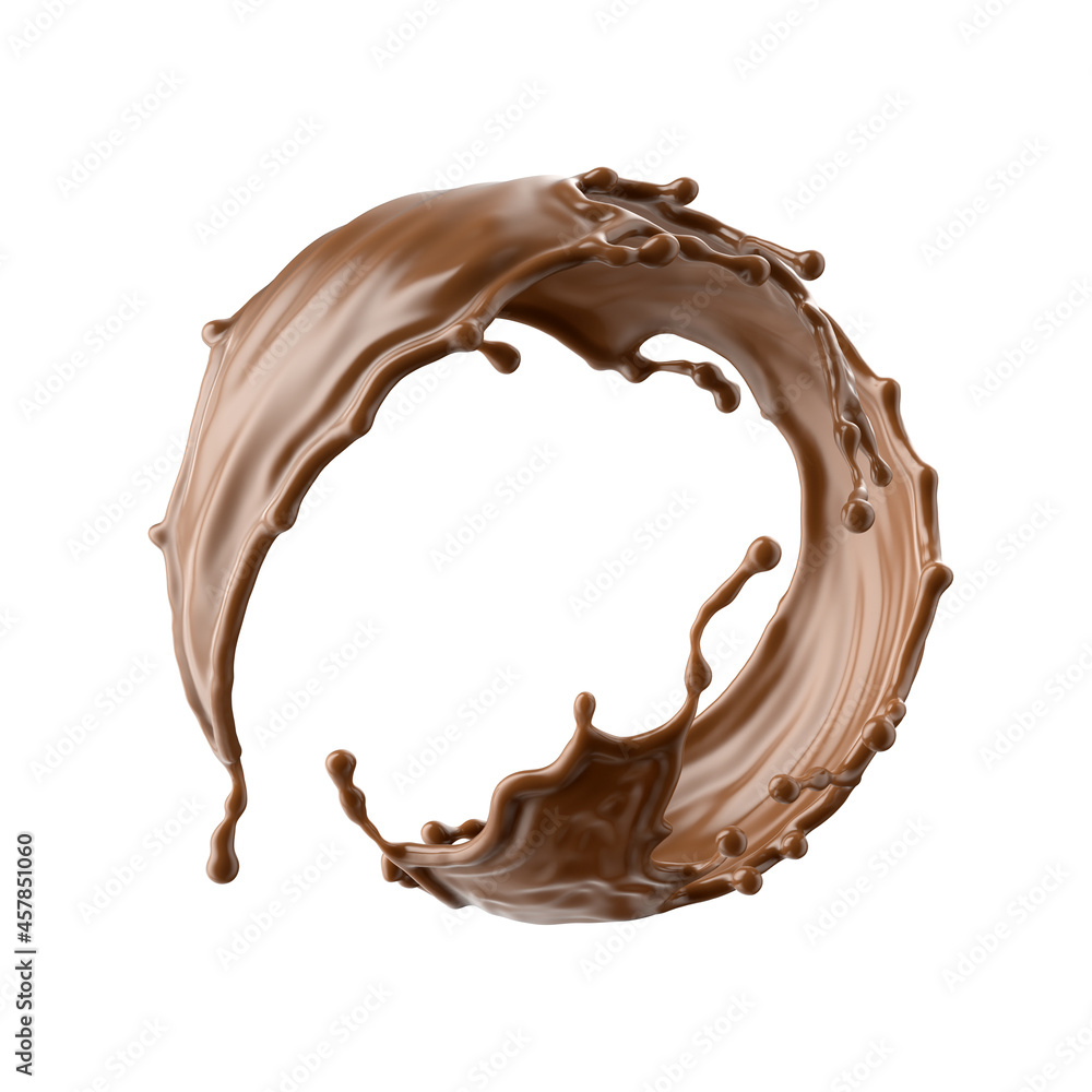 3d render, chocolate splash, cacao or coffee drink, splashing syrup, cooking ingredient. Round brown liquid clip art isolated on white background