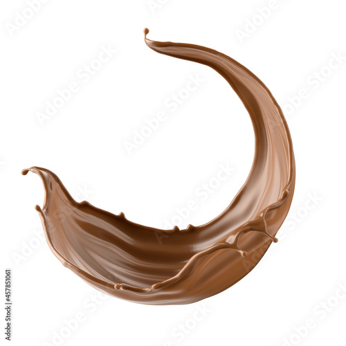 3d render, chocolate splash, cacao drink or coffee, splashing cooking ingredient. Abstract liquid wave. Brown beverage clip art isolated on white background