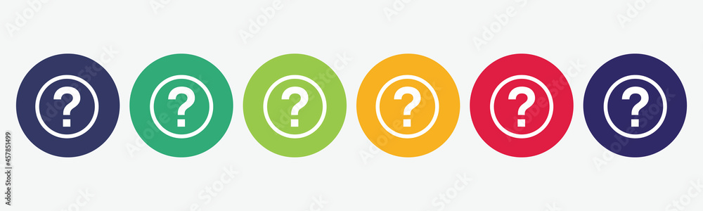 6 circles of buttons set with question icon in different colors. Vector illustration. 6 circles of buttons set with question icon in different colors. Vector illustration.