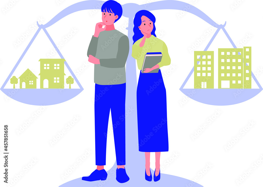 戸建てとマンションで悩む若い男女のイラスト