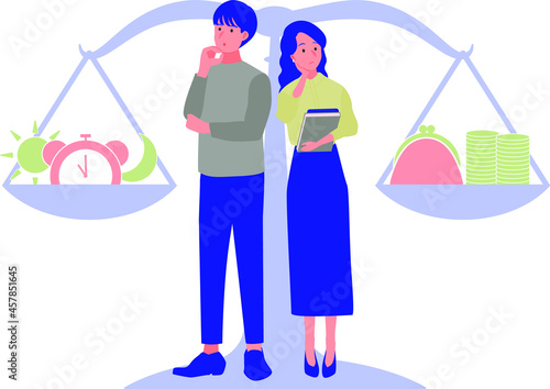お金と時間のどっちを優先するか悩む若い男女のイラスト