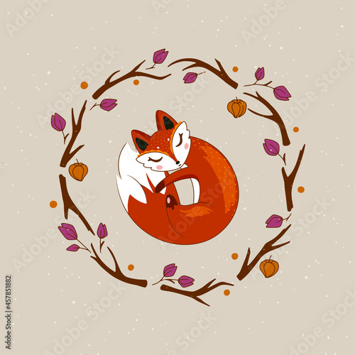 Cute cartoon fox sleeping cozy with wreath of branche