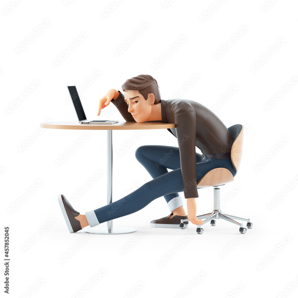 3d exhausted cartoon man leaning on his desk