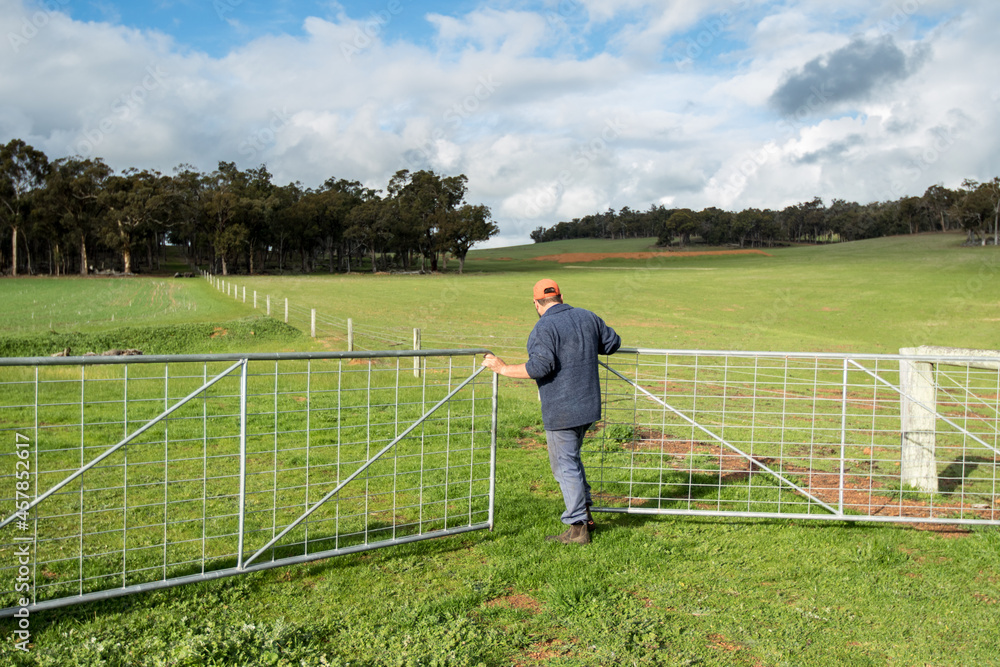 Farmer opening gate into paddock with green grass Farmer opening gate into paddock with green grass