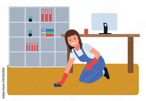 Tired girl washes the floors in the room, household chores. Cleaning of the apartment, putting things in order. Vector illustration.