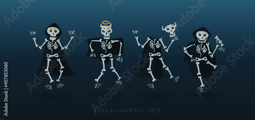 Skeletons set  for Halloween. Happy Halloween with funny skeleton cartoon character. Halloween festive for banner  poster  greeting card  party invitation. Skeletons in raincoats vector illustration.