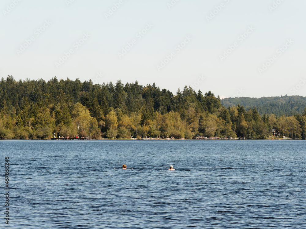 Obraz premium Kirchsee by Sachsenkam in Upper Bavaria. Moor lake and popular bathing water, amber colored. Nature reserve Ellbach-Kirchseemoor