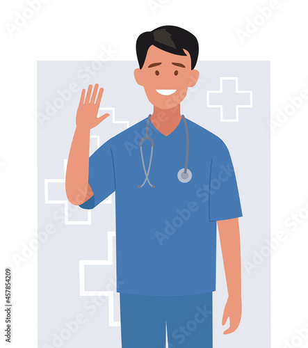 The character is a Male Doctor waving his hand. Vector illustration.