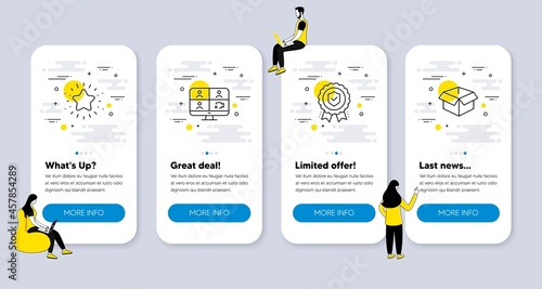 Vector Set of Business icons related to Insurance medal, Video conference and Twinkle star icons. UI phone app screens with people. Opened box line symbols. Vector