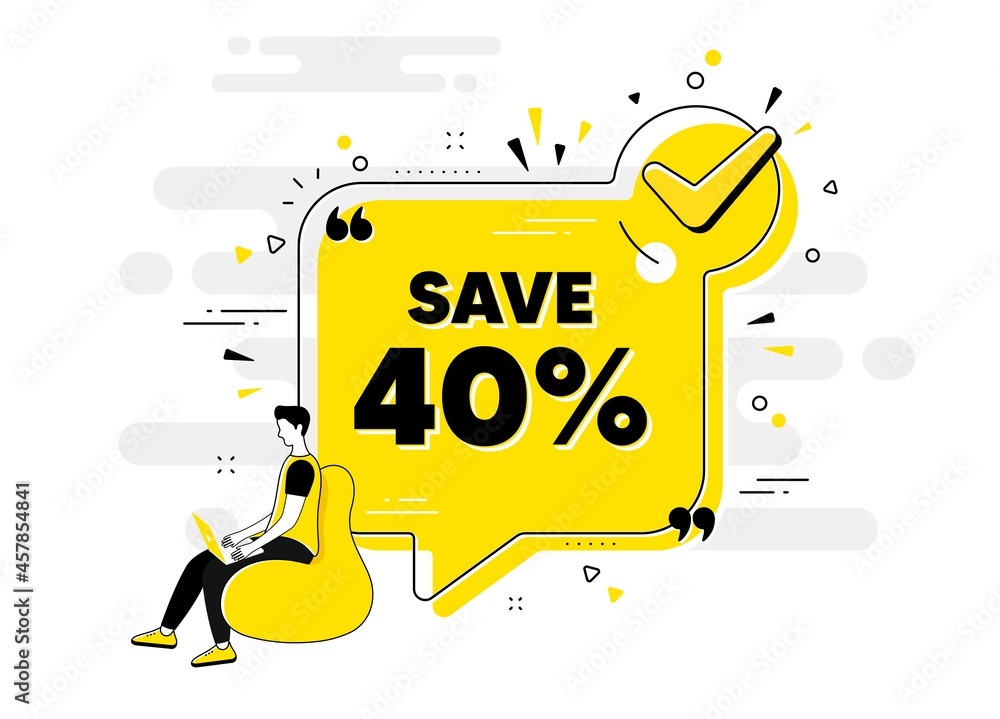 Save 40 percent off. Check mark chat bubble banner with people. Sale Discount offer price sign. Special offer symbol. Discount approved chat message. Checklist user background. Vector Save 40 percent off. Check mark chat bubble banner with people. Sale Discount offer price sign. Special offer symbol. Discount approved chat message. Checklist user background. Vector