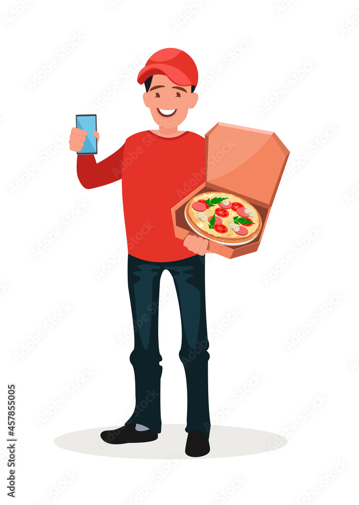 Online pizza order. The concept of e-commerce. Online fast food delivery service. Vector illustration. Online pizza order. The concept of e-commerce. Online fast food delivery service. Vector illustration.