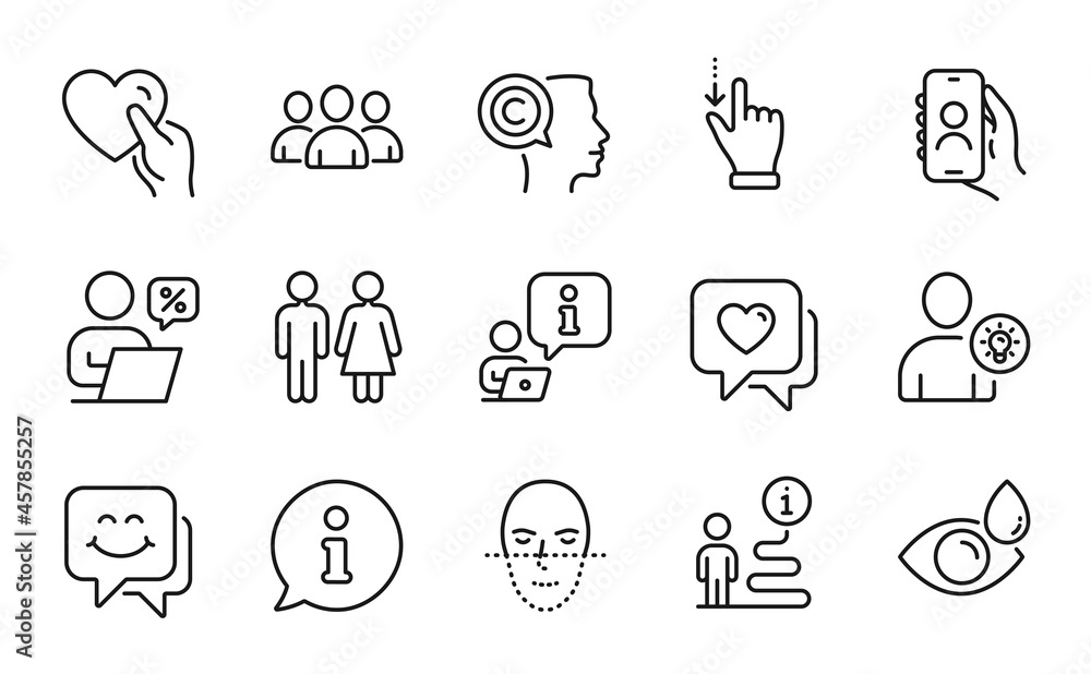 People icons set. Included icon as User call, Eye drops, Smile face signs. Online discounts, Heart, Hold heart symbols. User idea, Restroom, Face recognition. Group, Writer line icons. Vector People icons set. Included icon as User call, Eye drops, Smile face signs. Online discounts, Heart, Hold heart symbols. User idea, Restroom, Face recognition. Group, Writer line icons. Vector