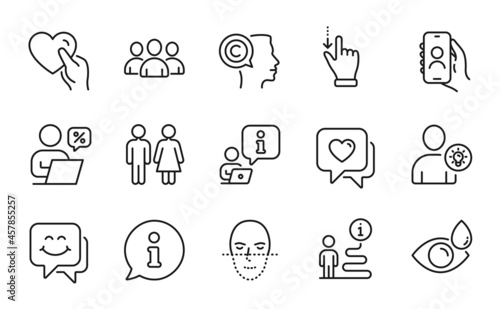 People icons set. Included icon as User call, Eye drops, Smile face signs. Online discounts, Heart, Hold heart symbols. User idea, Restroom, Face recognition. Group, Writer line icons. Vector