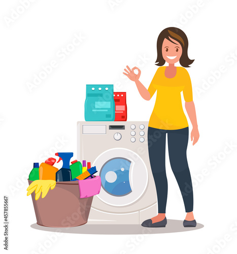 Advertising of washing powder. A woman with washing powder in her hands near the washing machine. Vector illustration.