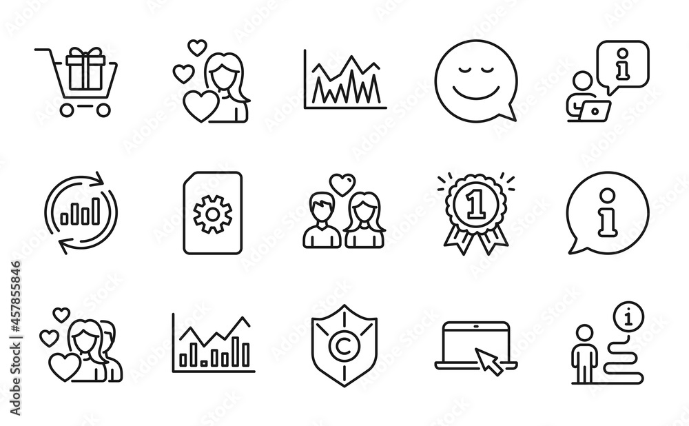Fototapeta premium Line icons set. Included icon as Copyright protection, Portable computer, Love signs. Investment, Shopping cart, Smile symbols. File management, Couple love, Infochart. Reward, Update data. Vector
