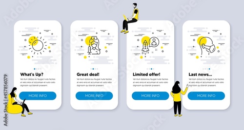 Vector Set of Science icons related to Sunny weather, Vaccination and Startup icons. UI phone app screens with people. Medical mask line symbols. Sun, Medical vaccine, Developer. Respirator. Vector