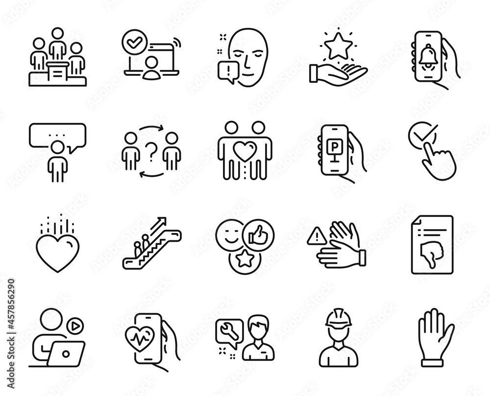Vector set of Online access, Heart and Hand line icons set. Thumb down, Repairman and Face attention icons. Delegate question, Parking app and Bell alert signs. Online access web symbol. Vector