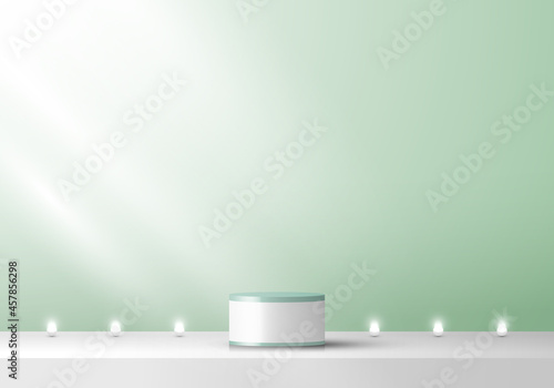 3D stage layered white and green podium pedestal green mint color backdrop with neon light