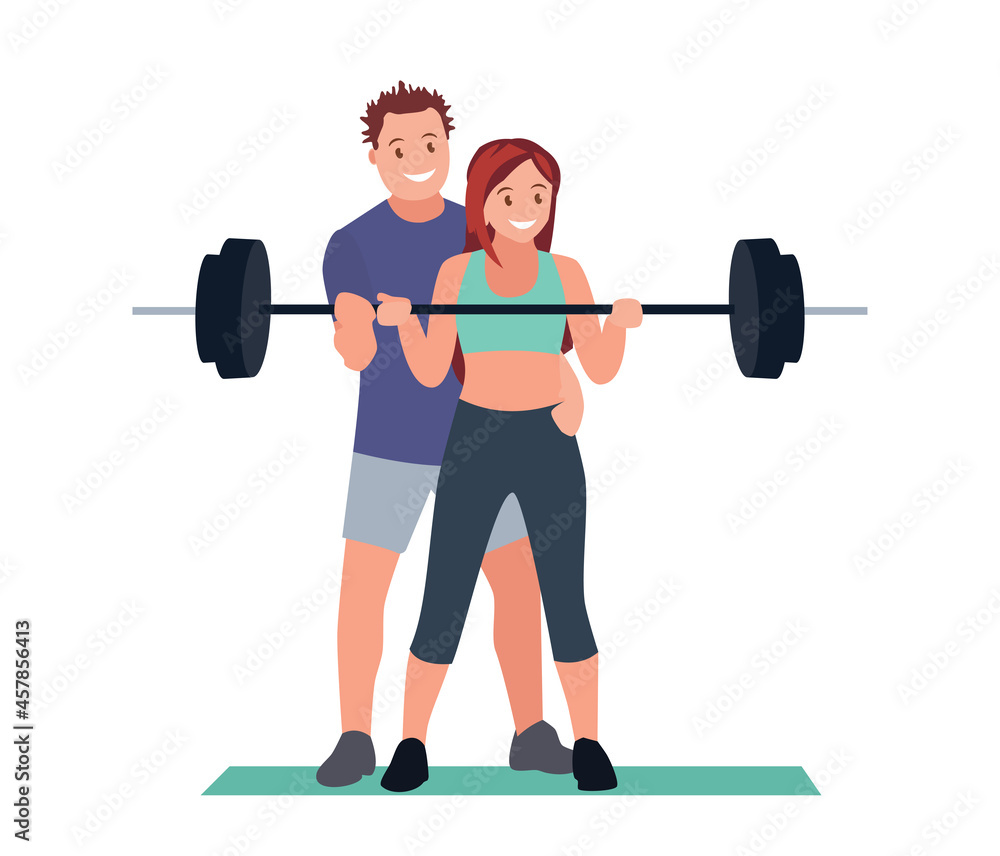 An active athletic woman with a trainer, a young girl in sportswear with a heavy barbell and a fitness trainer. Vector illustration. An active athletic woman with a trainer, a young girl in sportswear with a heavy barbell and a fitness trainer. Vector illustration.