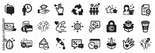 Set of Business icons, such as Discounts, Fireworks rocket, Photo studio icons. Dirty water, Business statistics, Stars signs. Leaf, Cardio calendar, Certificate. Waiting, Uv protection. Vector