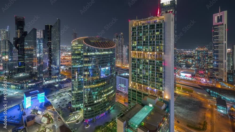 Dubai international financial center skyscrapers aerial night timelapse. Dubai international financial center skyscrapers aerial night timelapse.
