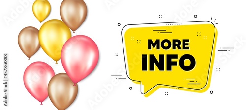 More info text. Balloons promotion banner with chat bubble. Navigation sign. Read description symbol. More info chat message. Isolated party balloons banner. Vector