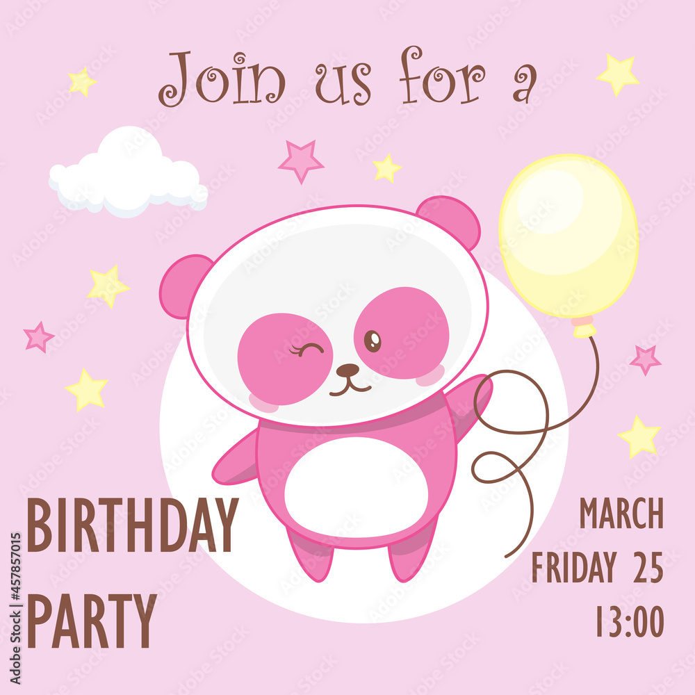 Cute pink baby girl panda, birthday invitation Cute pink baby girl panda, birthday invitation