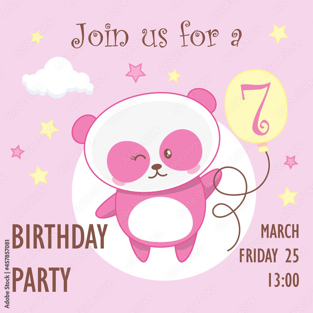 Cute pink baby girl panda, birthday invitation, seven years, 7 year