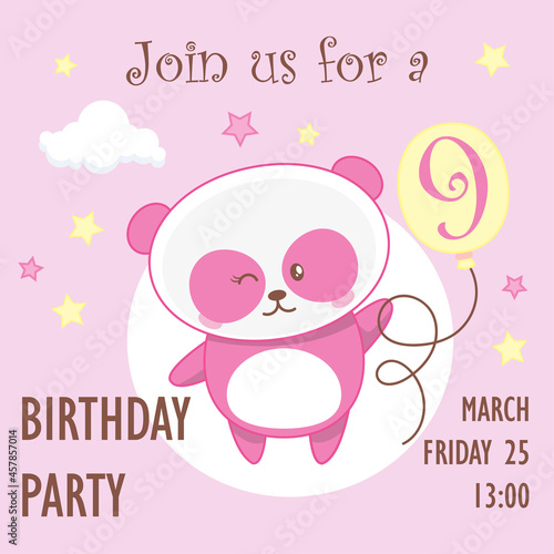 Cute pink baby girl panda, birthday invitation, nine years, 9 year