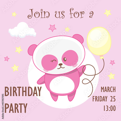 Cute pink baby girl panda, birthday invitation