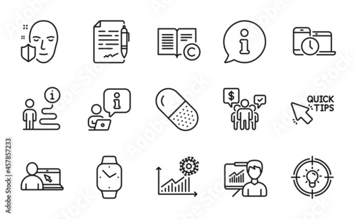 Wallpaper Mural Science icons set. Included icon as Presentation, Idea, Teamwork signs. Time management, Coronavirus statistics, Face protection symbols. Smartwatch, Online education, Agreement document. Vector Torontodigital.ca