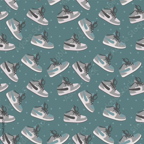 Background with running shoes. Cartoon sports sneakers in a circle of doodle dots. Pattern of shoes for textiles. Vector illustration