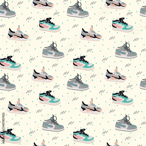 A pattern with sports sneakers. Cartoon shoes in the doodle circle. Texture for sportswear or textiles. Vector illustration