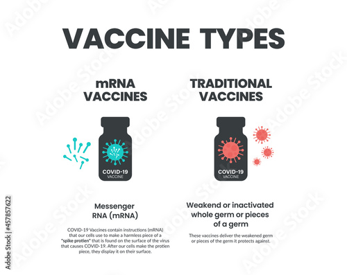 Vaccine Types Infographic. Different components of mRNA vaccines and Traditional vaccines. Traditional Vaccines contain weaken, inactivated whole germ. mRNA contain Spike protein. Illustrator vector.