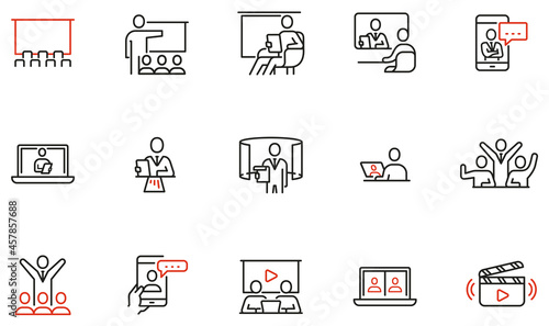 Vector Set of Linear Icons Related to Online Seminar, Virtual Conference, Webinar and Presentation. Sharing Ideas Using Video Applications. Mono Line Pictograms and Infographics Design Elements