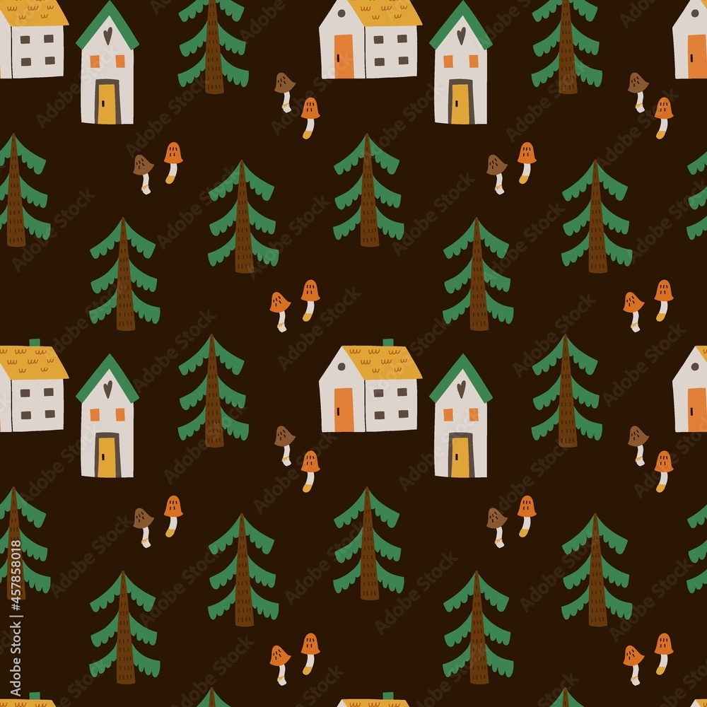 Cozy home seamless pattern. Cute little forest houses in night, moon and cloud, hand drawn cartoon scandinavian style, woodland decor textile, wrapping paper wallpaper vector print or fabric