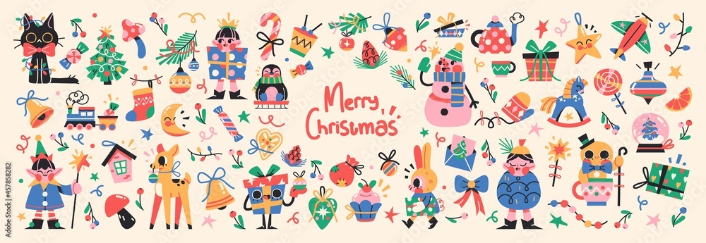 Set of Cute Merry Christmas and Happy New Year Illustrations or stickers. Festive christmas characters and objects