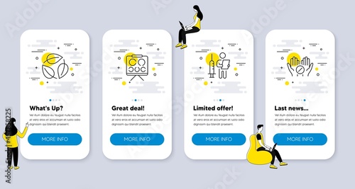 Set of Healthcare icons, such as Leaves, Vision board, Vaccination announcement icons. UI phone app screens with people. Medical tablet line symbols. Nature leaf, Eye check, Medical vaccine. Vector
