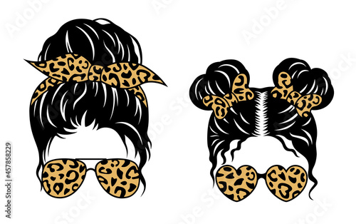 Mom life and kid life design. Messy bun vector print. Female faces in aviator sunglasses and bandanas with leopard pattern. photo
