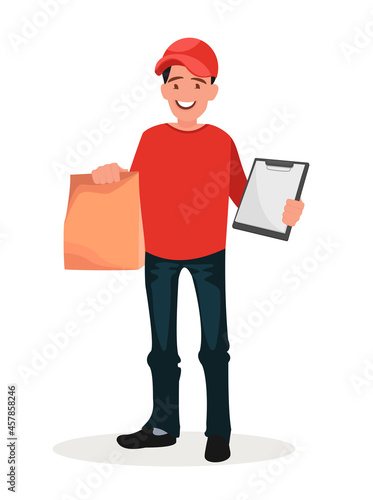 A uniformed courier-messenger holding a packing box with food and drinks delivers ready-made food to your home.