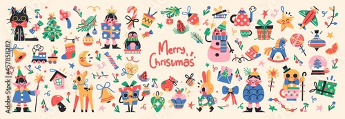 Set of Cute Merry Christmas and Happy New Year Illustrations or stickers. Festive christmas characters and objects