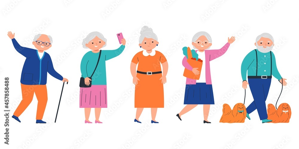 Group of happy elderly people isolated over white background. Vector illustration in flat style